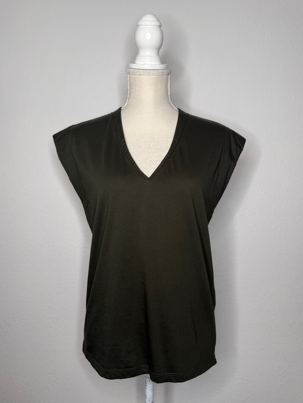 Frame Denim Olive Green Cotton V-Neck Cap Sleeve Top XS